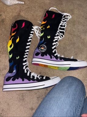 Converse Black Canvas Knee-High Lace-Up Boots with Rainbow Flame Accents